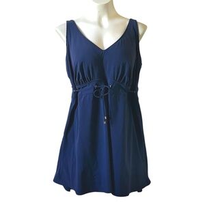 Lands' End Navy Blue Swim Dress V-Neck Empire Waist One-Piece Swimsuit Size M L